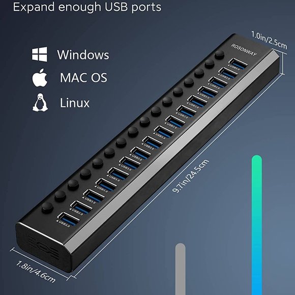 New Powered USB Hub Rosonway 16 Ports 100W USB 3.0 - Picture 2 of 7